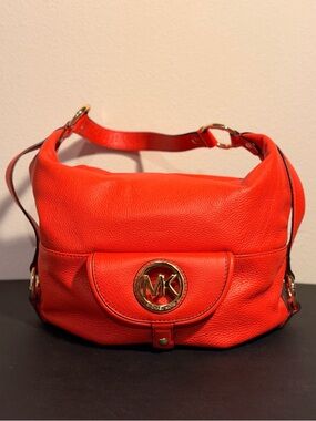 Michael Kors Fulton Orange-Red Pebbled Leather Shoulder Bag with Gold MK Logo
